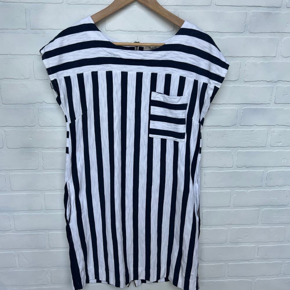 Madewell Vertical Navy Striped Cotton Shirt Dress with Zipper and Pockets -sz S